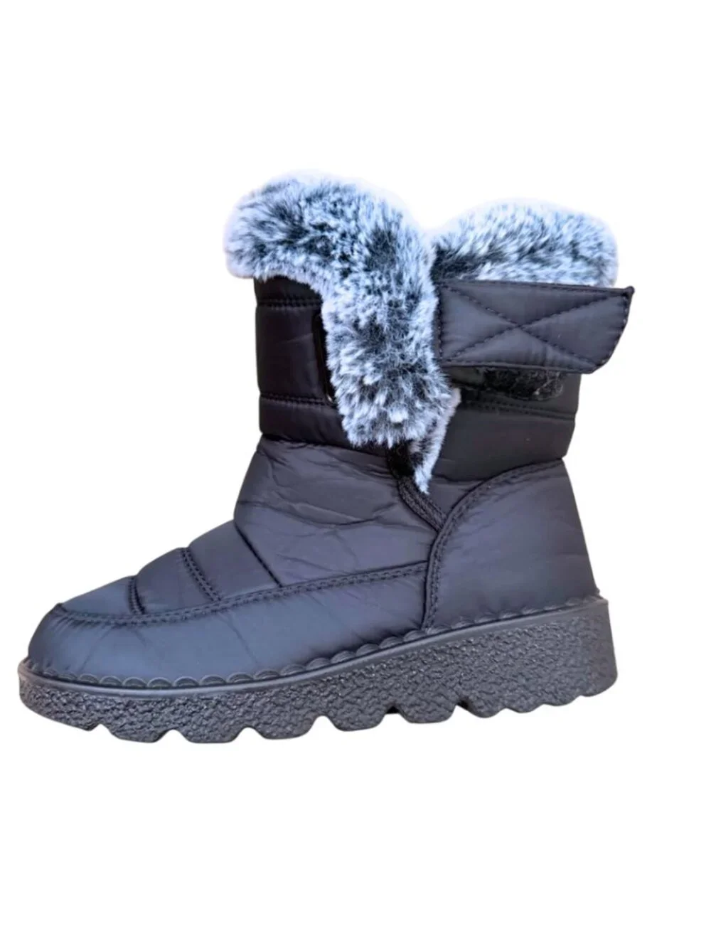 Black Quilted Winter Snow Boots Faux Fur Trim Shoes Size US 5.5 / EU 36